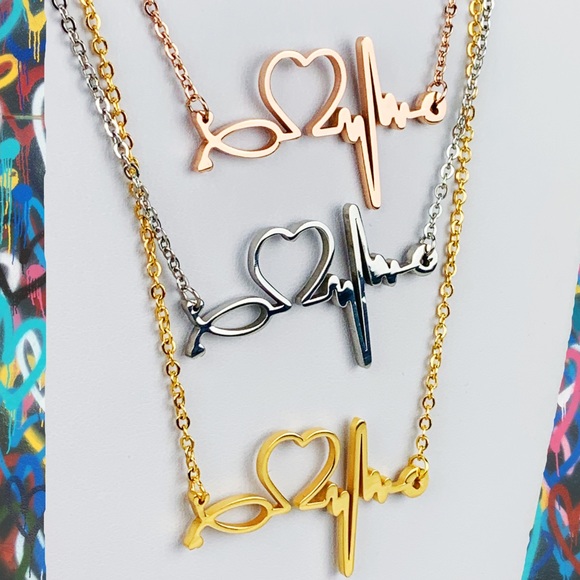 Heartbeat Stethoscope Heart EKG Stainless Nurse Bar Necklace Silver Rose Gold - Picture 11 of 15